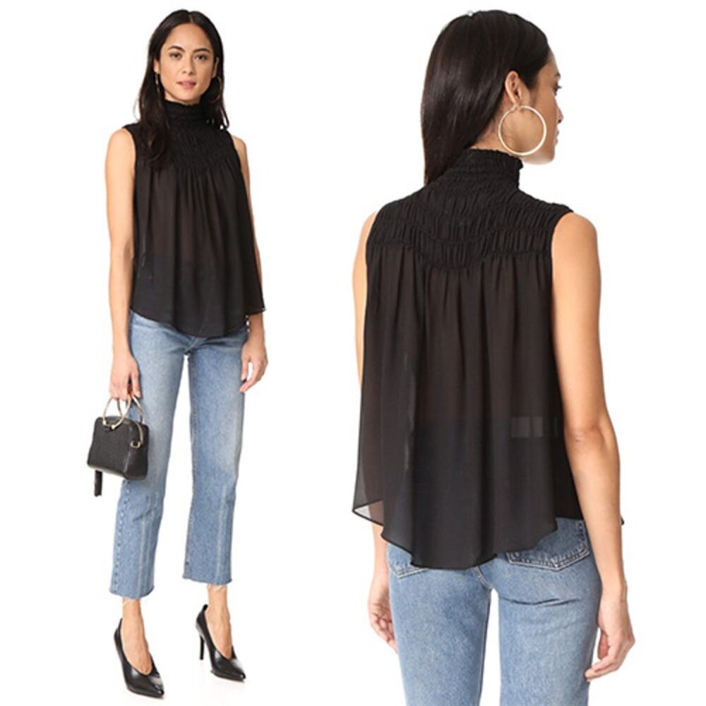 NEW Frame Smocked High Neck Sleeveless Blouse Women's Bkack Noir Size: XS